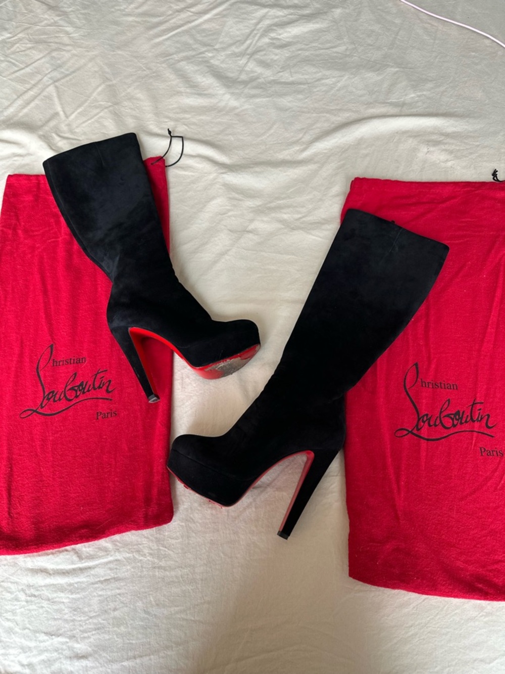 Christian Louboutin Black Suede Platform Knee-High Boots with Red Soles - Size 6 - Picture 7 of 7